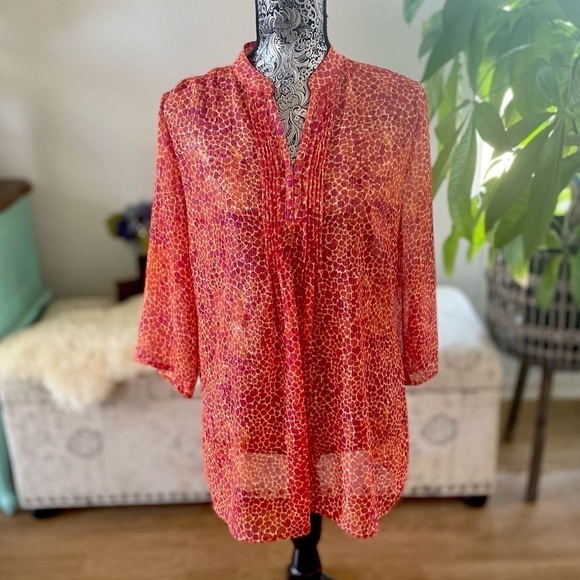 Jaclyn Smith Tops - Jaclyn Smith Orange Red Sheer Animal Print Blouse, Size M